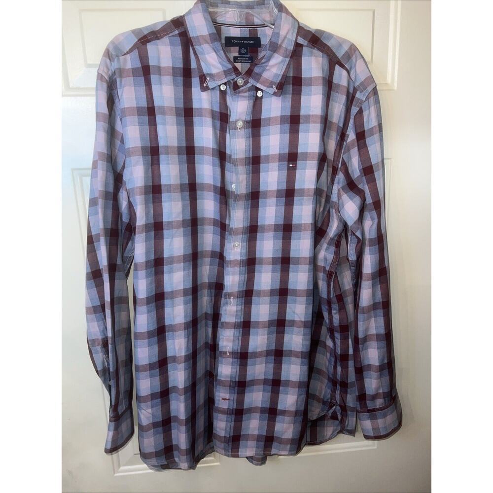 Tommy Hilfiger Mens Plaid Button Up Shirt Size XL Burgundy Pink Blue Long Sleeve - Picture 2 of 6
